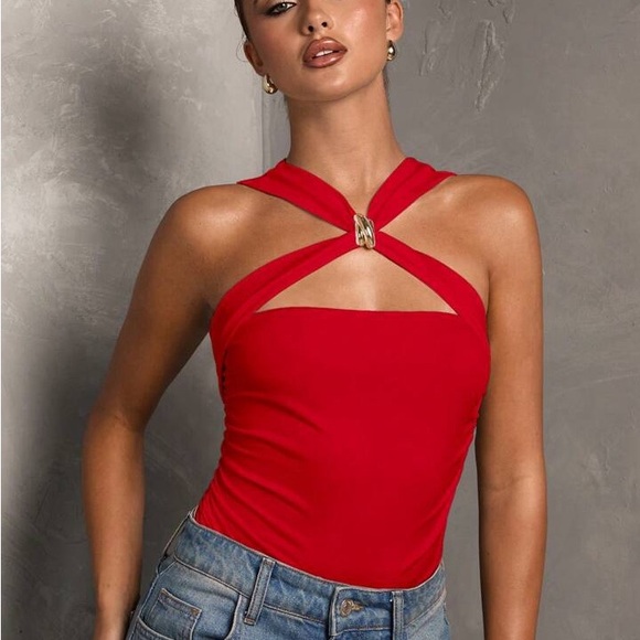SHEIN Tops - SHEIN Bold Red Cross Halter Bodysuit